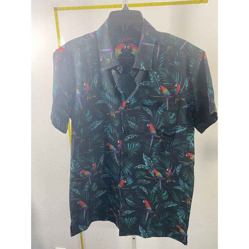 Retro Rifle Jungle Parrot Tropical Button‎ Down Shirt Mens Medium Stretch Teal